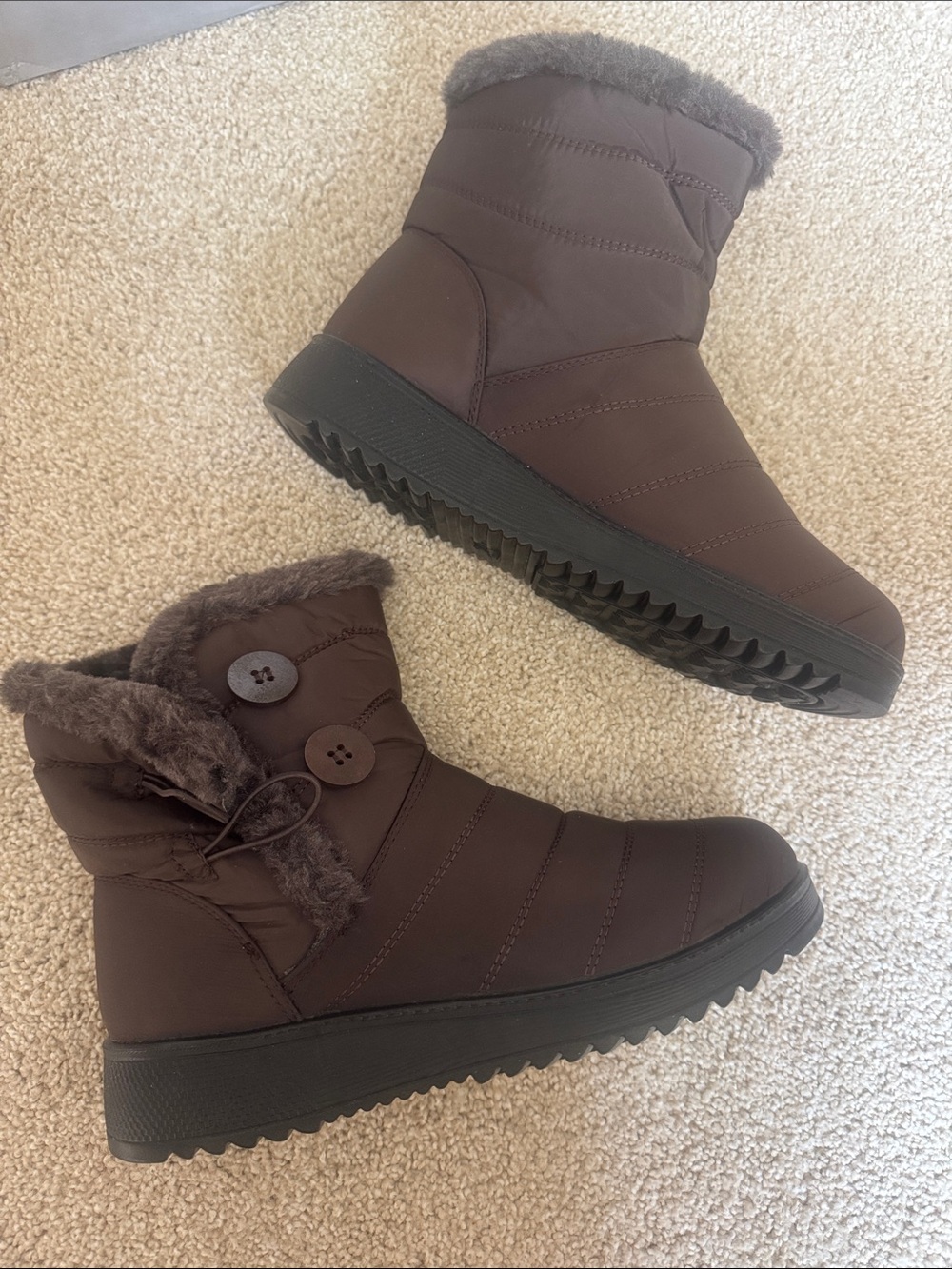 Women's Brown Fur-Trim Button Winter Ankle Boots